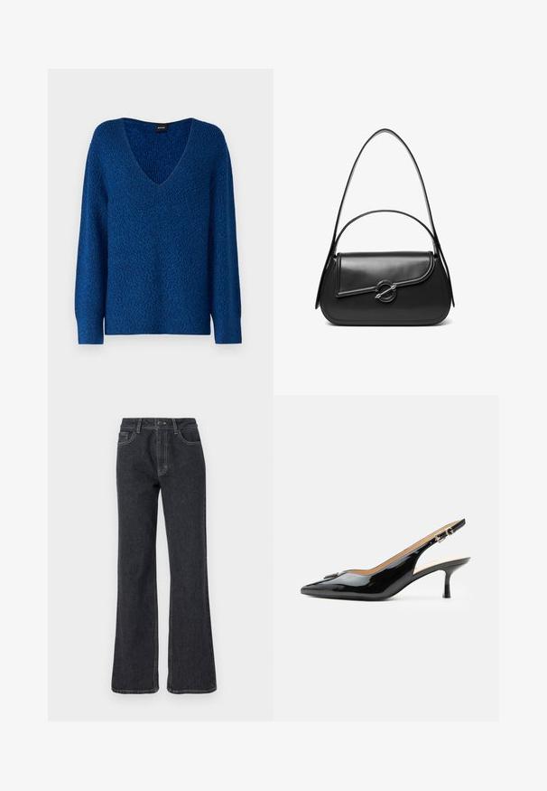 BOSS FUSONIA - Trui - blue; Donkerdenim flare jeans met een hoge taille, voorzien van gouden stiksels, vijf zakken en een knoopsluiting. Gladde textuur, recht gesneden ontwerp.; Zwarte lakleren slingback hak met spitse neus, kleine kittenhak en zilveren gespsluiting op een effen witte achtergrond.; Zwarte leren schoudertas met een gebogen klep die is bevestigd met een ronde metalen sluiting en een smalle, verstelbare band.