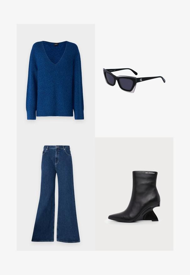 BOSS FUSONIA - Svetrík - blue; Nažehlené modré džínsy z denimu, s vysokým pásom, dizajnom s piatimi vreckami, kontrastným prešívaním a zipsom s gombíkovým zapínaním.; Čierna kožená členková topánka s zakriveným sochárskym podpätkom a logom Karl Lagerfeld blízko hornej hrany na bielom pozadí.; Čierne oversized slnečné okuliare s geometrickým tvarom, s tmavými šošovkami a kontrastným šedým detailom na ráme. Logo na mostíku.
