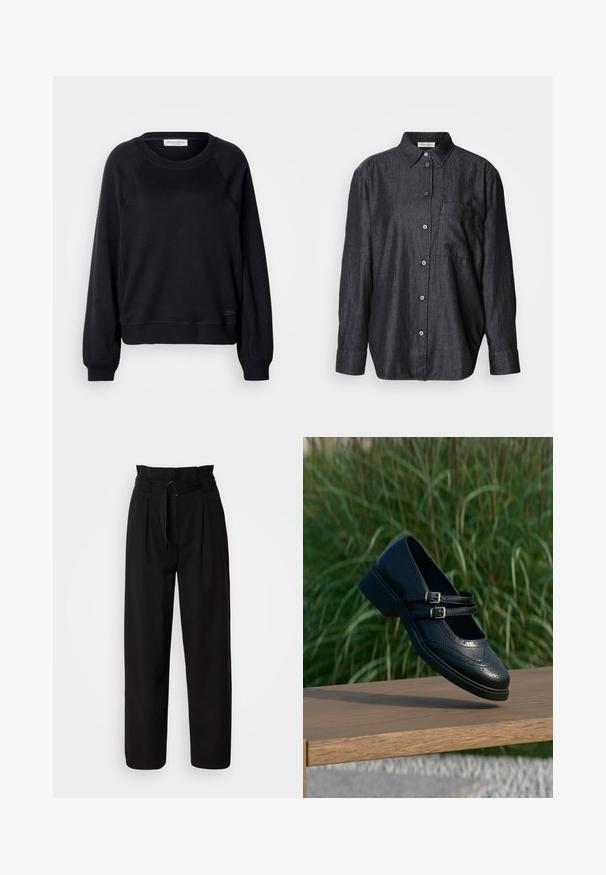 Sweat-shirt noir avec un col rond, des manches raglan et des poignets côtelés. Présente un tissu texturé et un petit logo sur l'ourlet.; Chemise à manches longues gris foncé en tissu léger, avec un devant à boutons, un col et une poche poitrine unique.; Pantalon noir taille haute à jambes larges, avec plis avant et une ceinture en tissu avec une boucle circulaire. Texture lisse et design ajusté.; Chaussure Mary Jane en cuir noir avec doubles brides bouclées et détails brogue, flottant au-dessus d'un banc en bois avec en arrière-plan de l'herbe verte.