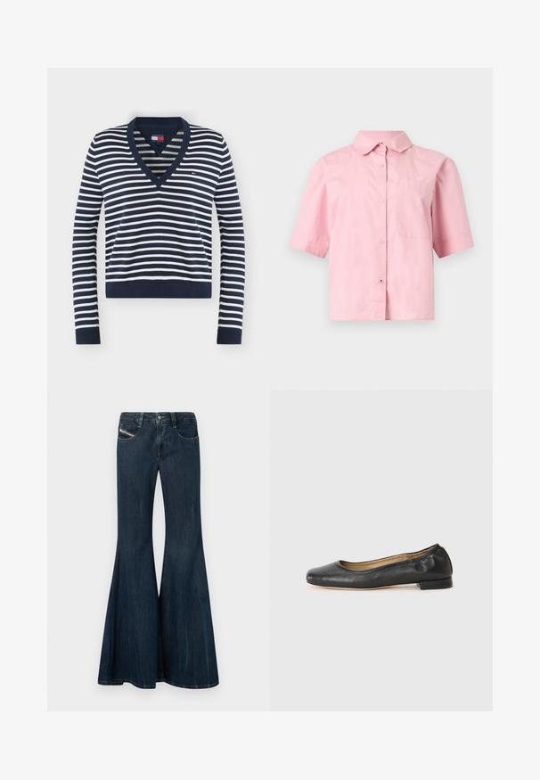 Pull à manches longues rayé bleu marine et blanc avec col en V, poignets et ourlet côtelés, avec un petit logo Tommy Jeans sur la poitrine.; Chemise rose pâle à manches courtes avec boutons, col et poche poitrine, présentée sur un fond gris clair uni.; Jean évasé en denim bleu foncé avec une taille haute, cinq poches et une fermeture à bouton. Présente un léger effet délavé et des détails de couture subtils.; Ballerines en cuir noir avec un bout arrondi et des coutures minimales. Talon bas et rectangulaire avec une texture lisse. Détails subtils de doublure intérieure.