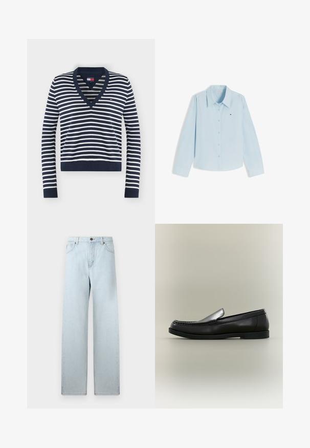 Langærmet V-hals sweater med navy- og hvide striber, med ribstrikkede manchetter og kant, med et lille Tommy Jeans-logo på brystet.; Lyseblå langærmet skjorte med knapper, krave og lille Tommy Hilfiger-logo på venstre bryst mod hvid baggrund.; Lyseblå vid jeans med høj talje, forlommer og knaplukning. Glat denimtekstur, minimal falmning, lige ben-design.; Sort læder loafer med moc toe-syning, lav hæl og slip-on design mod en neutral baggrund.