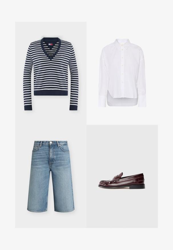 Pull à manches longues rayé bleu marine et blanc avec col en V, poignets et ourlet côtelés, avec un petit logo Tommy Jeans sur la poitrine.; Chemise blanche à manches longues avec boutons sur le devant, col pointu, ourlet arrière légèrement plus long et larges poignets.; Shorts en denim bleu clair longueur genou avec fermeture avant à bouton et zip, passants de ceinture et poches avant, présentés sur un fond uni.; Mocassin penny en cuir bordeaux avec semelle noire et détail en métal doré sur le dessus, présenté en vue latérale sur fond blanc.