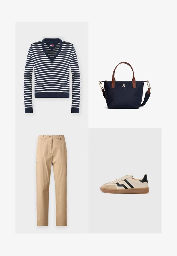 Marineblauw-wit gestreepte trui met lange mouwen en V-hals, met geribde boorden en zoom, voorzien van een klein Tommy Jeans-logo op de borst.; Beige chino's met een gladde textuur, rechte snit, tailleband met knoopsluiting en steekzakken aan de voorkant. Minimalistisch ontwerp, zonder zichtbare patronen.; Beige sneaker met zwarte strepen, suède neus en hiel accenten, textuur rubberen zool en platte veters. Minimalistisch ontwerp en neutrale kleuren.; Marineblauwe handtas met bruine leren handvatten, gouden beslag, een afneembare schouderband en een klein gouden logo in het midden.
