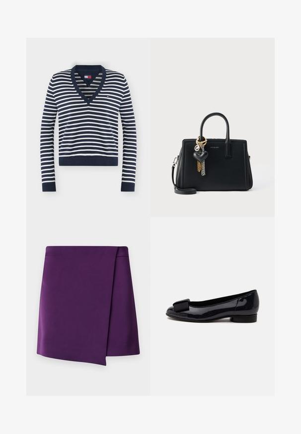 Pull à manches longues rayé bleu marine et blanc avec col en V, poignets et ourlet côtelés, avec un petit logo Tommy Jeans sur la poitrine.; Mini-jupe violette au toucher lisse, présentant un design enroulé diagonal avec des lignes épurées. Pas de matériel ou de motifs visibles.; Chaussure plate en cuir verni noir avec un petit talon et un grand nœud décoratif en tissu à l’avant vue de côté.; Sac à main en cuir noir doté de deux poignées supérieures, d'une bandoulière amovible et d'un charm décoratif avec chaînes et détail en forme de cœur.