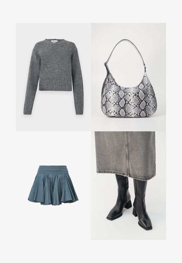 Grå langærmet strikket sweater med rund hals og ribbede manchette og kant, vist mod en hvid baggrund.; AllSaints TULIP - A-snit nederdel - dark slate blue; Sorte knæhøje støvler i glat læder med firkantet tå og blokeret hæl. Båret med en grå denimnederdel med flosset kant.; Sort-hvid slangemønster skuldertaske med en rund form, glat tekstur og en buet rem. Har et sølvfarvet hardware-accents.
