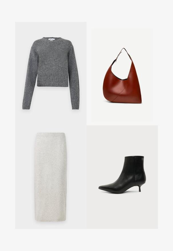 Pull en tricot gris à manches longues avec col rond et poignets et ourlet côtelés, présenté sur un fond blanc.; Jupe crayon en tricot gris clair, avec une texture lisse et un design ajusté, ourlée en bas avec une taille légèrement extensible.; Bottine en cuir noir avec bout pointu et petit talon kitten sur fond clair, vue côté extérieur.; Sac hobo en cuir marron avec une seule bandoulière réglable, corps incurvé et couture diagonale visible sur un fond blanc.