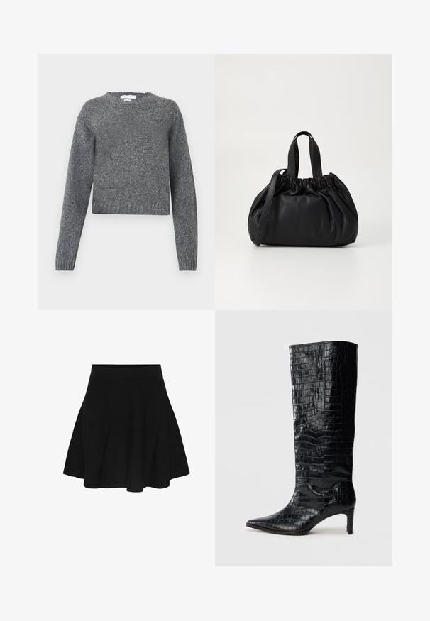 Grå langærmet strikket sweater med rund hals og ribbede manchette og kant, vist mod en hvid baggrund.; Sort A-line nederdel med tilpasset linning, der bredder sig blidt mod kanten, vist på en ens hvid baggrund.; Sorte knæhøje støvler med en blank, krokodillemønstret tekstur, spids tå og en affaset hæl. Glat syntetisk materiale.; Sort læderhåndtaske med en samlet topdesign, der har to korte håndtag og en lang justerbar rem. Glat overflade, rund form.