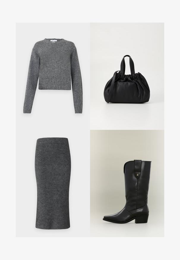 Grå langærmet strikket sweater med rund hals og ribbede manchette og kant, vist mod en hvid baggrund.; Grå ribbet blyantskørt med en tætsiddende facon, høj talje og glat tekstur. Designet til en strømlinet silhuet.; Høj sort læder cowboystøvle med spids tå, kraftig hæl og trækstrop med lille gyldent logo.; Sort læderhåndtaske med en samlet topdesign, der har to korte håndtag og en lang justerbar rem. Glat overflade, rund form.
