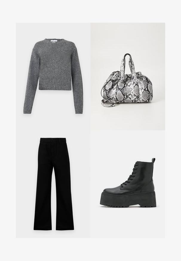 Grå langærmet strikket sweater med rund hals og ribbede manchette og kant, vist mod en hvid baggrund.; Sorte bredbenede bukser lavet af glat stof med høj talje, prydet med knaplukning og bæltestropper, der tilbyder en struktureret pasform.; Sorte ankelstøvler med en kraftig platformssål, lavet af glat læder, med snørebåndsdesign og en træktab bagpå.; Håndtaske med sort og hvid slidmønster, to håndtag, snøre lukning og aftagelig skulderrem. Glat tekstur.