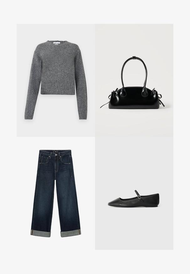 Suéter de punto gris de manga larga con cuello redondo y puños y dobladillo acanalados, presentado sobre un fondo blanco.; Pantalones vaqueros de mezclilla azul oscuro con un diseño de pierna amplia, con dobladillos remangados, cinco bolsillos y un cierre de botón. Detalle de costura gruesa visible.; Bailarinas de cuero negro con punta afilada, suela plana y una pequeña correa con hebilla alrededor del tobillo para un ajuste seguro.; Pequeño bolso negro brillante con dos asas largas y detalles de cordón lateral sobre un fondo claro liso.