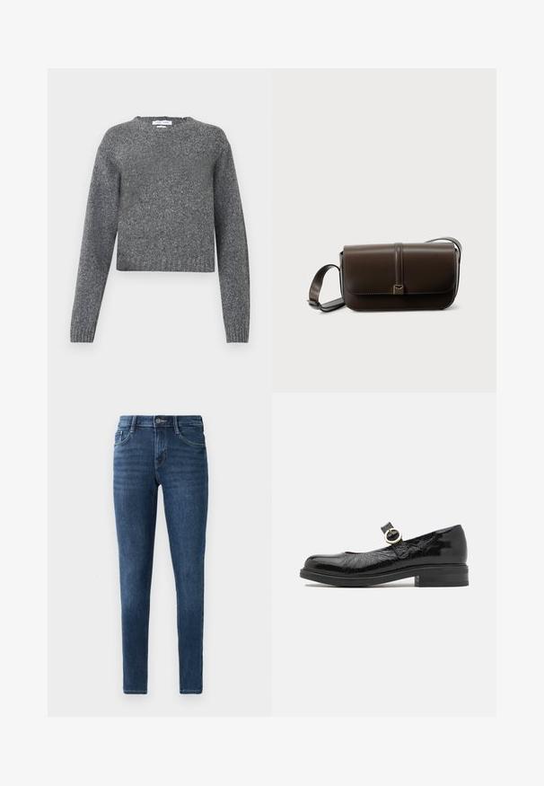Grijze langemouwen gebreide trui met ronde hals en geribde boorden en onderkant, gepresenteerd tegen een witte achtergrond.; Donkerblauwe denim skinny jeans met een klassieke vijf-pocket ontwerp, voorzijde knoopsluiting en subtiele stiksel details. Glad textuur overal.; Zwarte gepatenteerde leren Mary Jane-schoen met een ronde neus, een riem met een gouden gesp en een lage blokhak.; Bruine leren crossbodytas met klepsluiting, gouden metalen accenten en verstelbare riem. Gladde textuur met éénnaden detail.