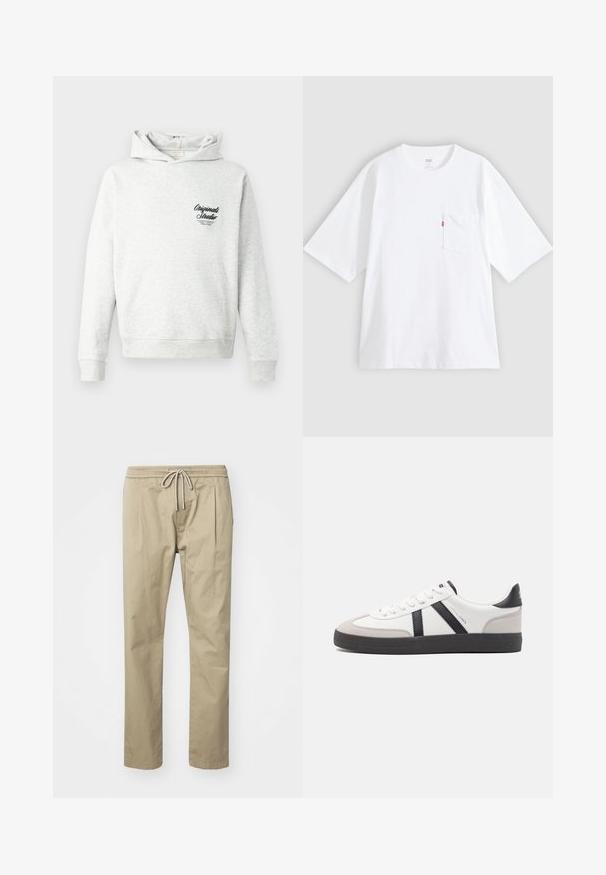 Sweat à capuche gris clair avec une poche kangourou, des poignets et un ourlet côtelés. Présente un graphisme noir "Originals Studio" sur le côté gauche de la poitrine.; T-shirt en coton blanc à manches courtes, col rond et poche poitrine gauche. Comprend une petite étiquette logo rouge sur la poche.; Chinos beige en mélange de coton, dotés d'une taille élastique avec cordon de serrage et de plis latéraux pour plus de confort et de style.; Baskets blanches avec des accents noirs et gris, présentant un embout texturé gris, une semelle en caoutchouc noir et des lacets plats blancs. Design épuré, style minimaliste.