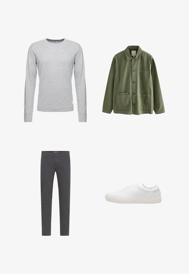 Jersey gris claro, de mangas largas, con cuello redondo, textura suave, diseño minimalista, pequeña etiqueta de logo en el bajo izquierdo.; Chaqueta color verde oliva de botones con cuello, mangas largas, un bolsillo en el pecho y dos bolsillos delanteros inferiores tipo parche.; Pantalones grises de corte ajustado, elaborados en suave algodón. Presentan un cierre con botón, presillas para cinturón y un diseño limpio y aerodinámico. Sin patrones visibles.; Zapatilla de cuero blanco con textura suave, puntera redonda, cierre de cordones y suela de goma plana. Diseño minimalista sin patrones visibles.