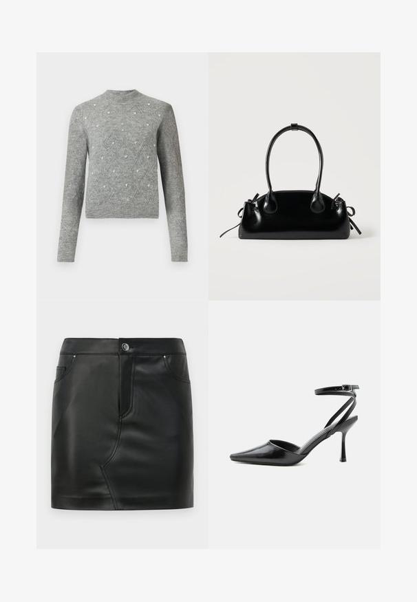 Suéter gris de punto con cuello redondo, mangas largas, patrones de diamante y pequeños adornos decorativos en toda la tela.; Mini falda de imitación cuero negra con botones frontales, cierre de cremallera, bolsillos delanteros y traseros, y detalles de costura.; Zapato de tacón alto negro de punta fina con delgadas correas en el tobillo y cierre de hebilla plateada sobre un fondo liso claro.; Pequeño bolso negro brillante con dos asas largas y detalles de cordón lateral sobre un fondo claro liso.