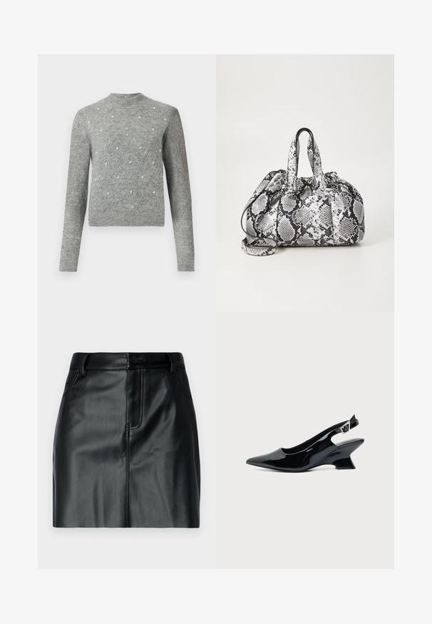 Pull en tricot gris avec un col rond, des manches longues, des motifs en losange et de petites embellissements décoratifs sur le tissu.; Jupe courte en cuir noir avec une texture lisse, une taille avec une fermeture à bouton et des poches avant avec des détails cousus.; Chaussure slingback en cuir verni noir avec bout pointu et petit talon bloc incliné sur fond clair uni.; Sac à main en motif peau de serpent noir et blanc avec deux poignées, une fermeture à cordon et une bandoulière amovible. Texture lisse.
