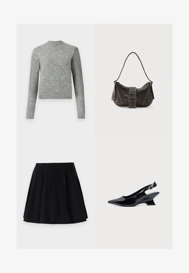 Suéter gris de punto con cuello redondo, mangas largas, patrones de diamante y pequeños adornos decorativos en toda la tela.; Falda de algodón negra con una silueta acampanada, que presenta pliegues en la zona de la cintura y una textura suave. Ideal para un look casual.; Zapato slingback de cuero charol negro con puntera puntiaguda y tacón bajo en bloque inclinado sobre fondo claro liso.; Bolso de hombro de cuero negro con detalle de correa con hebilla, bordes curvos y costuras blancas en contraste sobre un fondo liso.