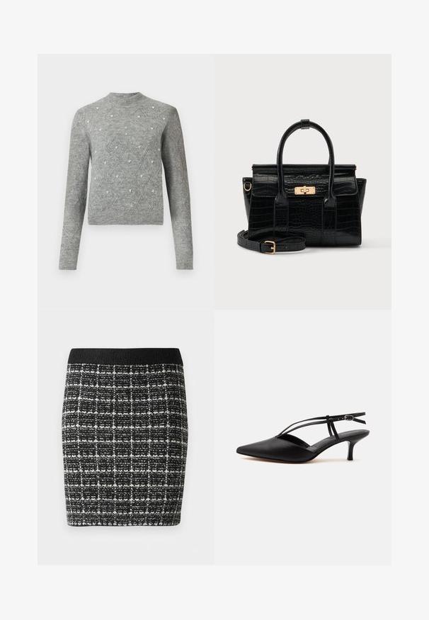 Pull en tricot gris avec un col rond, des manches longues, des motifs en losange et de petites embellissements décoratifs sur le tissu.; Jupe à carreaux noir et blanc en tissu texturé, avec une taille noire et une silhouette cintrée.; Escarpin noir en cuir à bout pointu avec petit talon kitten, fine bride de cheville avec boucle, design slingback, sur un fond uni clair.; Sac à main noir à texture crocodile, avec deux poignées, une bandoulière amovible et un fermoir rectangulaire doré sur le rabat avant.
