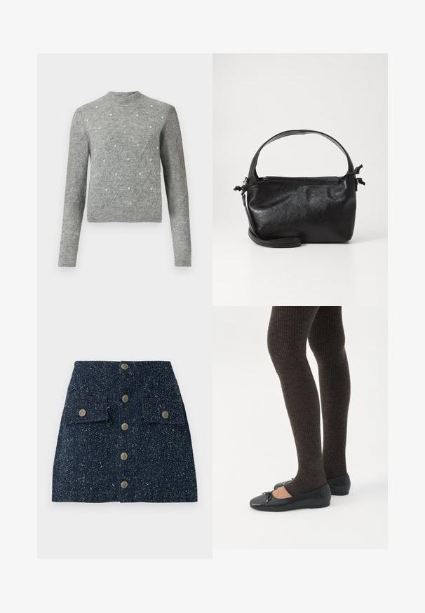 Grå strikket sweater med rund halsudskæring, lange ærmer, diamondmønstre og små dekorative detaljer i stoffet.; Dame denim mini nederdel i mørk marineblå med en spraglet tekstur, der har en række af fem metalliske knapper og to forreste klaplommer.; Ben iført mørke ribbede leggings kombineret med sorte balletsko med små sløjfedetaljer på hvid baggrund.; Sort læderhåndtaske med et struktureret design, rund tophåndtag og aftagelig skulderrem. Den har en glat tekstur og en subtil glans.