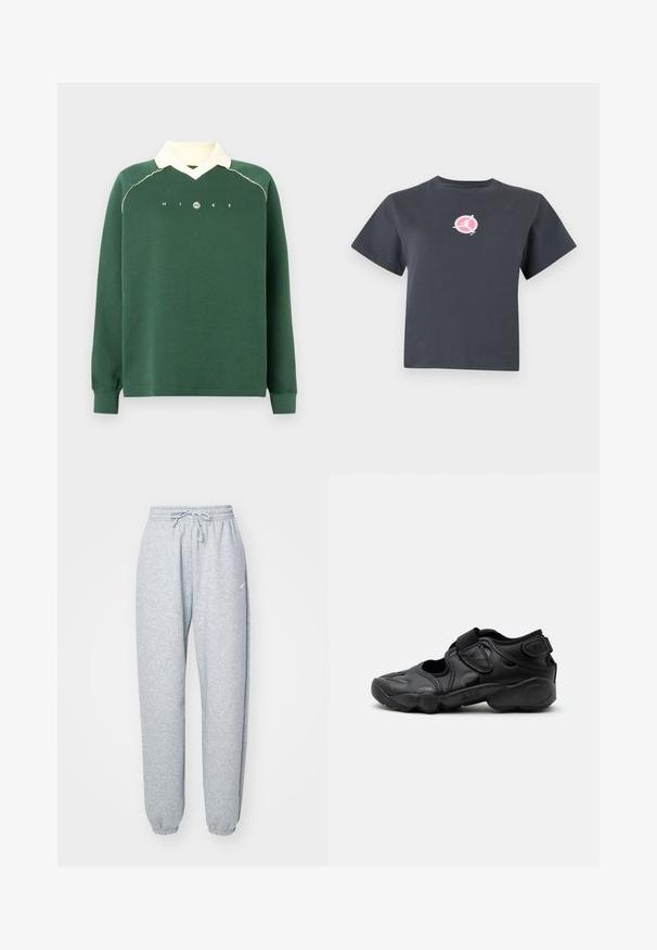 Roheline pikkade varrukatega sviiter kreemja krae, ribakäiste ja rinna peal "NIKE" tekstiga koos logoga.; Tumehall lühikeste varrukatega lühike t-särk, millel on rinnal väike ümmargune roosa-valge logo, mis kujutab liikuva inimese siluetti.; Heledad hallhalli pehmete puuvillasegistusega, millel on elastne vöökoht ja nöör, kitsenevad sääred ja ribakudumisega mansetid. Minim blown kaubamärgi detail.; Mustad sportlikud sandaalid suletud varbaga, takjakinnitused sääre keskosas ja kandadel ning paks pehmendusega tald, millel külgmisel küljel kiri "AIR".