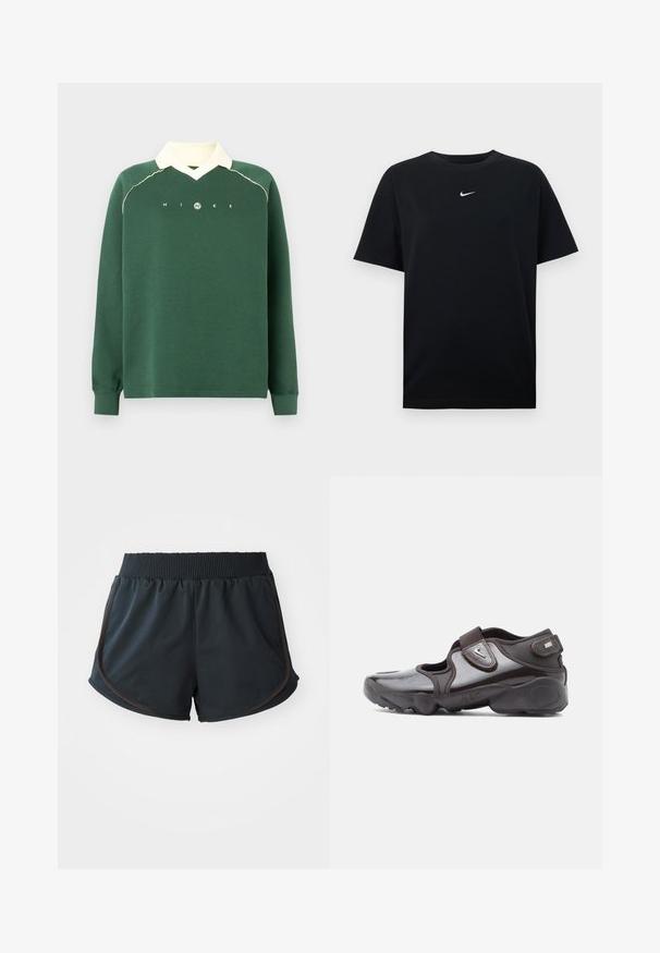 Roheline pikkade varrukatega sviiter kreemja krae, ribakäiste ja rinna peal "NIKE" tekstiga koos logoga.; Mustast puuvillast T-särk ümara kaelusega ja lühikeste varrukatega. Rinnal keskel on väike valge Nike logo. Pehme tekstuur.; Mustad mustad spordilühik, millel on soonikuga vöökoht, külgõmblused ja pruunid aktsendid, valmistatud kergest ja siledast kangast.; Tumepruun spordijalats läikiva viimistlusega, takjakinnitusega, ümarate varbapooltega ja tekstuurse tallaga, millel on pehmendusdetailid.