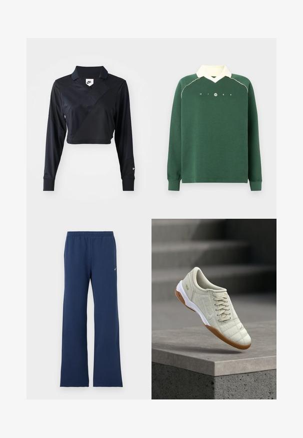 Zelený svetr s dlhým rukávom a krémovým golierom, so zavedenými manžetami a nápisom "NIKE" s logom naprieč hrudníkom.; Čierna dlhá rukáv polo košeľa so skráteným strihom a výstrihom do V, ktorá má diagonálny šev, hladkú textúru a logo Nike na rukáve.; Tmavomodré tepláky s elastickým pásom a malým bielym logom Nike na hornej ľavej nohe, voľný rovný strih.; Svetlobéžová teniska s prešívanou textúrou, bielou podrážkou a gumovou vonkajšou podrážkou. Má viazanie na šnúrky a jemné logo Nike.