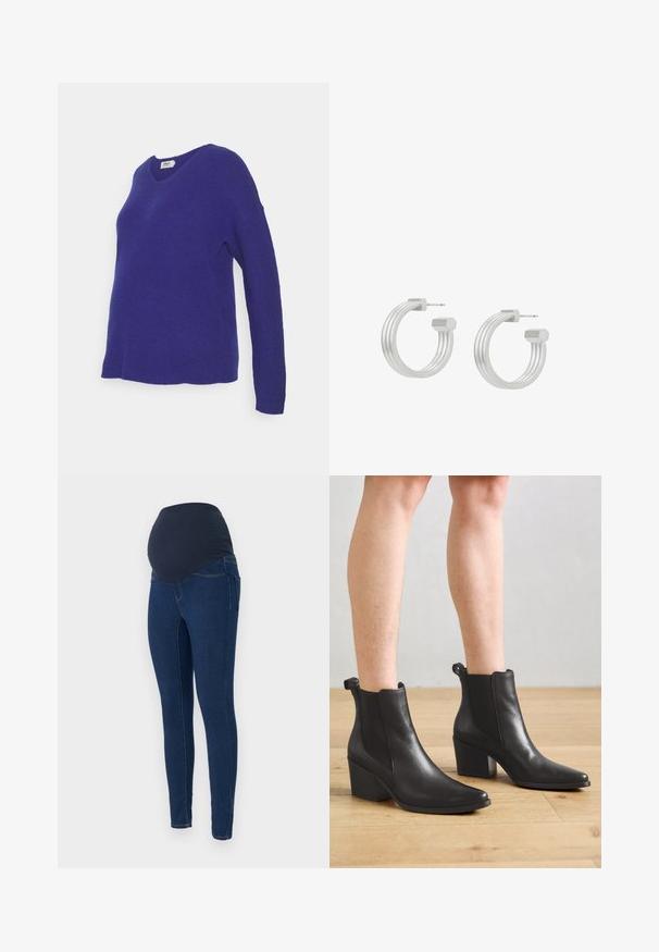 ONLY MATERNITY PULLOVER - Striktrøje - bluing/melange; Graviditetsjeans i mørkeblå denim, med en strækbar mørk talje og en tætsiddende pasform med lommer.; Sorte læderankelstøvler med spids tå og blokhæl. Har en glat tekstur og trækflige bagpå for nem påtagning.; Par sølv hoop-øreringe med en rillede tekstur og sekskantede endedetaljer, med lige stiftbagside til gennemborede ører.