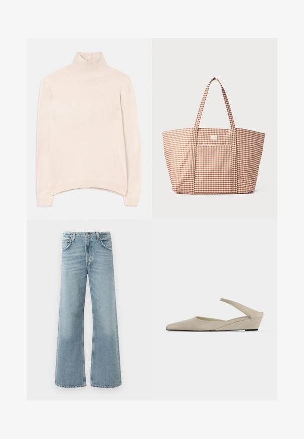 Lyserød langærmet turtleneck sweater med ribbet krave og kant, med en afslappet pasform og blød, glat tekstur.; Lysblå vid-leg jeans lavet af denim. Har en høj talje, fem lommer og diskret falmning gennem stoffet.; Beige lav kilehæl slingback sko med spids tå og glat mat finish, vist i sideprofil på hvid baggrund.; Tote taske i gingham-mønster i brune nuancer, med et rummeligt centralt rum, to håndtag og en frontlomme med label.