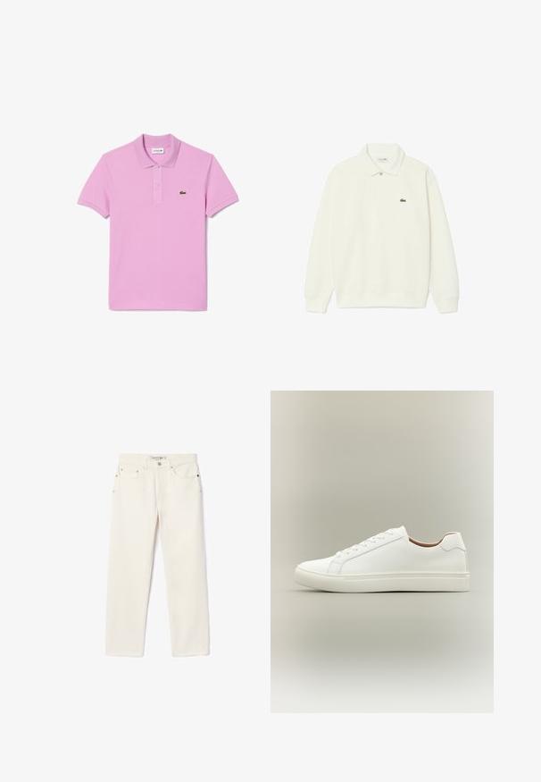 Polo blanco de manga larga con cuello y un solo botón, con un pequeño logo verde de cocodrilo en el pecho izquierdo.; Camisa polo rosa de algodón con cuello, mangas cortas, tapeta de tres botones y logo del cocodrilo de Lacoste en el lado izquierdo del pecho.; Jeans de mezclilla de color crema con corte recto, que cuentan con dos bolsillos frontales, un cierre de botón y un sutil logo cerca de la cintura.; Zapatilla blanca de corte bajo con cierre de cordones y suela plana, mostrada de perfil sobre un fondo neutro.