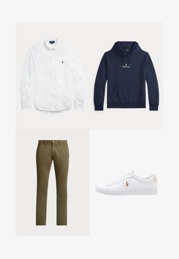 Dunkelblaues Ralph Lauren Hoodie mit vorderer Kängurutasche, Kapuze mit Kordelzug und weißem, auf der Brust zentriertem gesticktem Logo.; Weißes langärmliges Hemd mit Knopfleiste, Button-down-Kragen und kleinem dunklem Polo Ralph Lauren Logo auf der linken Brust.; Polo Ralph Lauren BEDFORD STRETCH SLIM FIT CHINO PANT - Chino - canopy olive; Weiße Leinensneaker im Low-Top-Design mit einem beigen Ferseneinsatz und einem kleinen gestickten Logo an der Seite. Gummisohle.