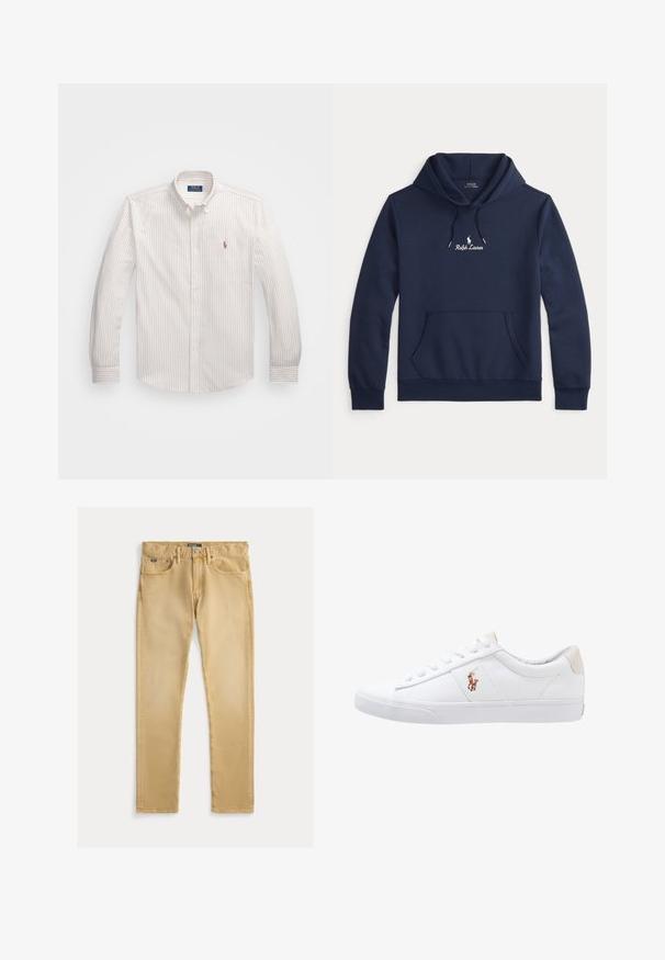 Námornícky modrý mikina Ralph Lauren s prednou vreckovou kapsou, kapucňou so šnúrkou a bielo vyšitým logom umiestneným na hrudníku.; Biela košeľa na gombíky s tenkými vertikálnymi pruhmi v svetlej béžovej farbe. Má klasický golier, dlhé rukávy a malé vyšívané logo na hrudi.; Béžové bavlnené džínsy so slim fit strihom, päť vreciek a viditeľným šitím. Obsahujú kovový gombík a označenie na páse.; Biele plátenné tenisky s nízkym strihom, ktoré majú béžový opasok na päte a malé vyšívané logo na boku. Gumová podrážka.