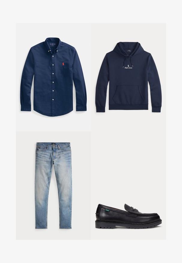 Σκούρο μπλε φούτερ Ralph Lauren με εμπρός τσέπη, κουκούλα με κορδόνι και λευκό κεντημένο λογότυπο στο κέντρο του στήθους.; Πουκάμισο σε σκούρο μπλε χρώμα, κουμπωτό, κατασκευασμένο από βαμβάκι, με μυτερό γιακά, μακριά μανίκια και μικρό κόκκινο κεντημένο λογότυπο στο στήθος.; Ανοιχτό μπλε τζιν παντελόνι με ξεθωριασμένο φινίρισμα, σχέδιο πέντε τσεπών και αντίθετη ραφή. Διαθέτει φερμουάρ και θηλιές ζώνης. Ευθεία γραμμή.; Μαύρο δερμάτινο μοκασίνι με παχύ, τραχωτό πέλμα και μικρό πράσινο ετικέτα "Polo" στο εξωτερικό μέρος κοντά στη φτέρνα.