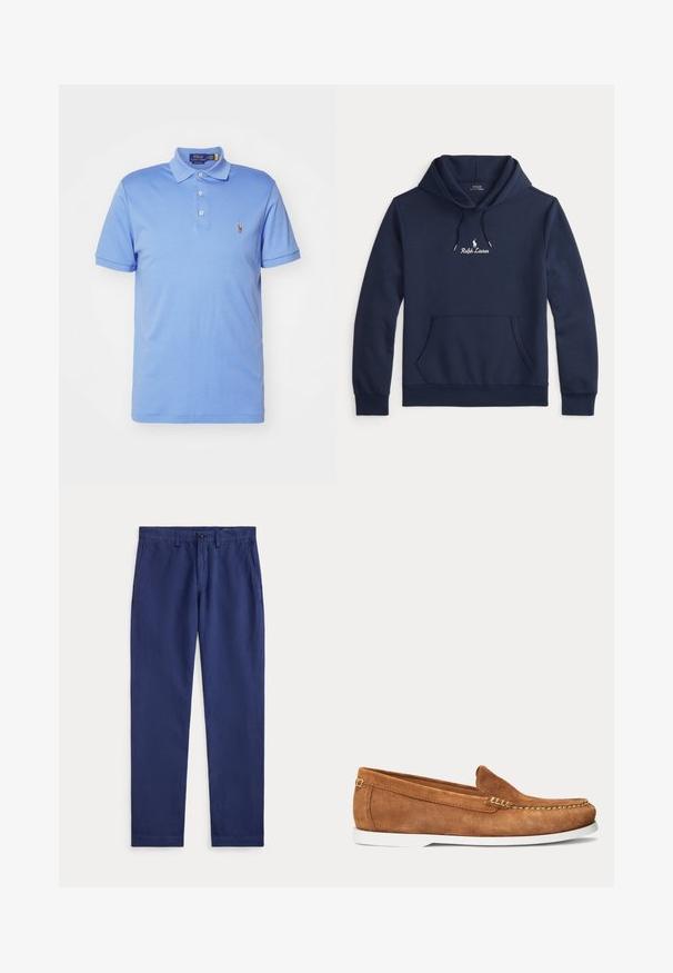 Σκούρο μπλε φούτερ Ralph Lauren με εμπρός τσέπη, κουκούλα με κορδόνι και λευκό κεντημένο λογότυπο στο κέντρο του στήθους.; Ανοιχτό μπλε πόλο μπλούζα από βαμβάκι, με γιακά, τριπλό κουμπί και μικρό επενδεδυμένο λογότυπο στην αριστερή πλευρά του στήθους.; Σκούρο μπλε παντελόνια κανονικής γραμμής με πλαϊνές τσέπες, θηλιές για ζώνη και κλείσιμο μπροστά με κουμπί και φερμουάρ σε μονόχρωμο φόντο.; Καφέ μοκασίνι από σουέντ με λευκή σόλα και μπεζ ραφές κατά μήκος της μύτης και του άνω άκρου, εμφανιζόμενο σε πλάγια όψη σε μονόχρωμο φόντο.