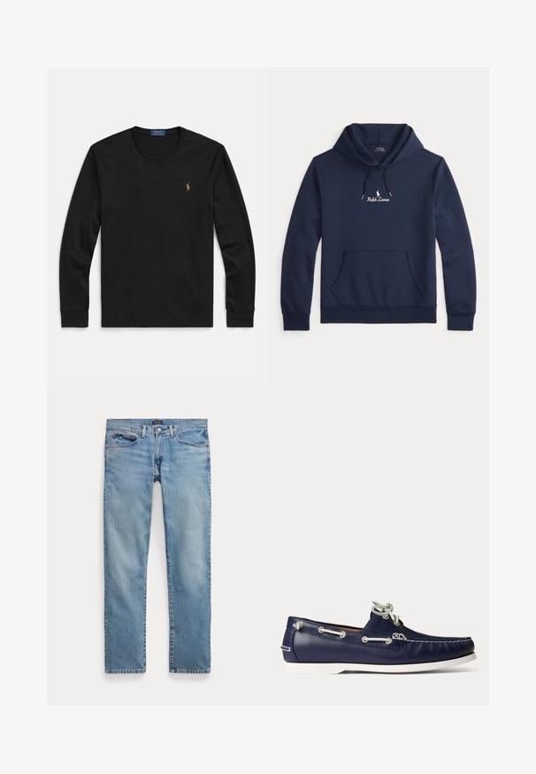 Námornícky modrý mikina Ralph Lauren s prednou vreckovou kapsou, kapucňou so šnúrkou a bielo vyšitým logom umiestneným na hrudníku.; Čierne dlhé tričko s dlhým rukávom vyrobené z mäkkej bavlny, so zaobleným výstrihom a malým vyšívaným logom na hrudi s farebnými akcentmi.; Svetlomodré rovné rifľové nohavice s prednými vreckami a zapínaním na gombík, položené na bielom pozadí.; Tmavomodrá kožená topánka na loď s bielymi šnúrkami a švami, s bielou gumovou podrážkou a kovovými očkami na svetlom pozadí.