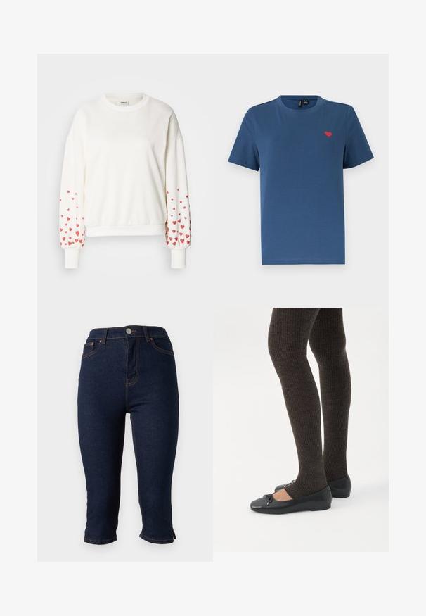 Sweat-shirt blanc à manches longues avec un motif de petits cœurs rouges le long des poignets. Tissu doux avec col et bas côtelés.; T-shirt bleu à manches courtes et col rond avec un petit emblème en forme de cœur rouge sur le côté gauche de la poitrine, sur un fond blanc uni.; Jean skinny court en denim bleu foncé avec fermeture frontale par boutons et surpiqûres orange, présenté sur fond blanc.; Jambes portant des leggings côtelés foncés associés à des ballerines noires avec de petits détails en nœud sur fond blanc.