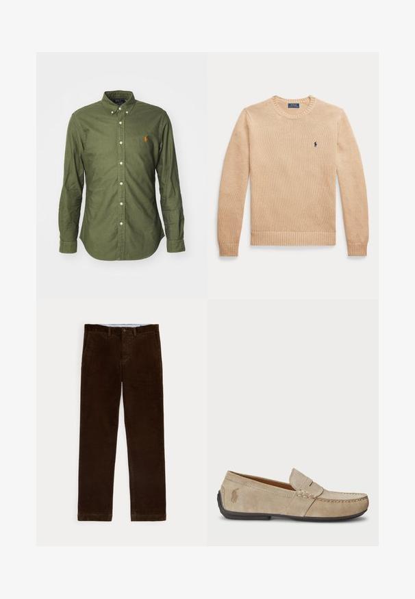 Beiger Pullover mit langen Ärmeln und Rundhalsausschnitt, mit gerippten Bündchen und Saum, mit kleinem dunkelblauem Polo Ralph Lauren Logo auf der linken Brust.; Olivgrünes Button-up-Hemd aus Baumwollstoff, mit klassischem Kragen, langen Ärmeln und einem gestickten Logo in Orange auf der Brust.; Braune Cordhosen mit Fronttaschen, Gürtelschlaufen und Knopfverschluss, dargestellt auf weißem Hintergrund.; Beige Wildleder Slipper mit gesticktem Detail, flacher Gummisohle und kleinem Logo an der Seite. Klassisches Slip-On-Design, weicher Textur.