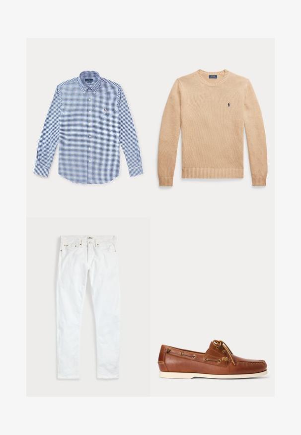 Beige trui met lange mouwen en ronde hals, geribbelde manchetten en zoom, met een klein marineblauw Polo Ralph Lauren-logo op de linkerborst.; Blauw-wit geruit overhemd met lange mouwen, een kraag en een klein geborduurd logo op de linkerborst.; Witte slim-fit jeans met vijf zakken, knoopsluiting en riemlussen, plat gelegd op een effen lichte achtergrond.; Bruine leren bootschoen met witte zool, veter gestrikt bovenaan en metalen veterogen langs de zijkanten en voorste stiksels.