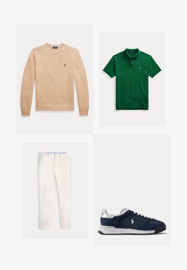 Beiger Pullover mit langen Ärmeln und Rundhalsausschnitt, mit gerippten Bündchen und Saum, mit kleinem dunkelblauem Polo Ralph Lauren Logo auf der linken Brust.; Grünes kurzärmeliges Poloshirt mit Zwei-Knopf-Leiste und kleinem lila gesticktem Logo auf der linken Brust.; Herren Slim-Fit-Hose in Off-White mit Fronttaschen, Gürtelschlaufen und Knopfverschluss vor einfarbigem Hintergrund.; Herren Polo Sneaker in Marineblau und Weiß mit Velours- und Mesh-Einsätzen, weißen Schnürsenkeln und Polo-Logo an der Seite und Ferse.