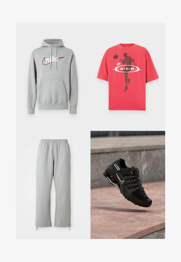 Grijze hoodie van zachte stof, met een groot wit "nike" logo en een rode swoosh. Voorzien van een zak aan de voorkant en trekkoorden aan de capuchon.; Rood katoenen t-shirt met een ronde hals, losse pasvorm en een grafische print van een basketballer met de tekst "Jordan" en het Nike-logo.; Grijze sweatpants met een elastische tailleband, rechte pijpen en trekkoordaccenten aan de zoom. Gemaakt van zachte, gestructureerde stof.; Zwarte Nike Shox hardloopschoen met wit swoosh-logo, zwevend boven een roze betonoppervlak tegen een grijze stenen muur als achtergrond.