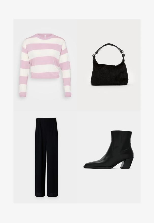 Svetloružový a biely pruhovaný cropped sveter, dlhé rukávy, rebrovaný výstrih a manžety, mäkká textura, pletená tkanina.; Vero Moda Petite VMLIVA SUPER WIDE PANTS - Nohavice - black; Čierna kožená členková topánka s špicatou špičkou, elegantným siluetou a masívnym štvorecovým podpätkom. Hladký povrch s minimálnymi švovými detailmi.; Čierna kabelka z umelého kožušiny s jemnou textúrou, zaobleným tvarom a pevným čiernym koženým ramenným popruhom. Viditeľné akcenty zo strieborného kovu.