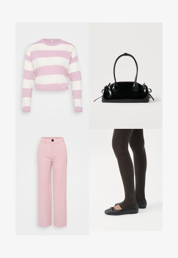 Pull cropped à rayures rose clair et blanches, manches longues, col et poignets côtelés, texture douce, tissu tricoté.; Pantalons large en rose clair avec une texture lisse, dotés d'un bouton noir et d'une taille classique. Aucune poche supplémentaire visible.; Jambes portant des leggings côtelés foncés associés à des ballerines noires avec de petits détails en nœud sur fond blanc.; Petit sac à main noir brillant avec deux longues anses et des détails à cordon sur les côtés sur un fond clair uni.