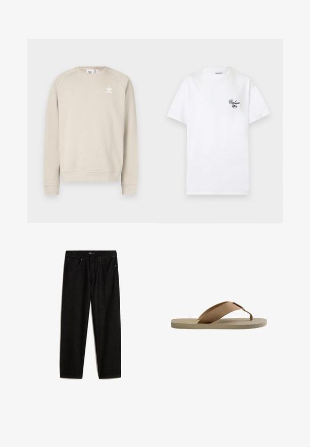 Sweat-shirt beige avec un col rond et des manches raglan longues. Présente un logo Adidas blanc sur la poitrine. Mélange de coton, texture lisse.; T-shirt blanc à manches courtes avec le logo "Carhartt Wip" en écriture noire sur la poitrine gauche et un col rond.; Vans Jean boyfriend - black; Sandale tong beige avec semelle texturée et large bride d'orteil en tissu marron sur fond blanc.