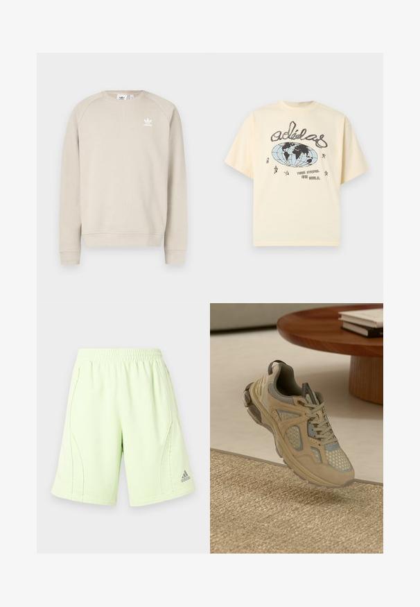 Beiger Pullover mit rundem Ausschnitt und langen Raglanärmeln. Mit einem weißen Adidas-Logo auf der Brust. Baumwollmischung, glatte Textur.; Cremefarbenes Adidas-T-Shirt mit handgezeichnetem Globus, Sternen und dem Text "Three Stripes. One World." auf der Vorderseite.; Hellgrüne Sportshorts mit elastischem Bund, Seitennähten und einem gestickten Logo am unteren rechten Bein. Weiche, glatte Textur.; Beige und graue Sport-Sneaker mit Mesh- und Wildlederelementen, die über einem gewebten Teppich schwebt, neben einem Holztisch mit Büchern.
