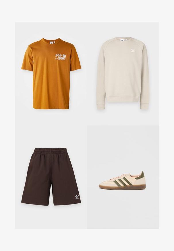 Beige sweatshirt med rund halsudskæring og lange raglanærmer. Har en hvid Adidas-logo på brystet. Bomuldsblanding, glat tekstur.; Brun bomulds t-shirt med rund hals, korte ærmer, med hvid grafisk tekst og bladdesign på forsiden.; Mørkebrune Adidas-shorts med elastisk linning og hvidt Adidas Trefoil-logo på det nederste venstre ben, vist mod en ensfarvet baggrund.; Beige Adidas Spezial sneaker med lav profil, grønne striber, gummisål og "SPEZIAL"-branding på siden, vist fra ydersiden.