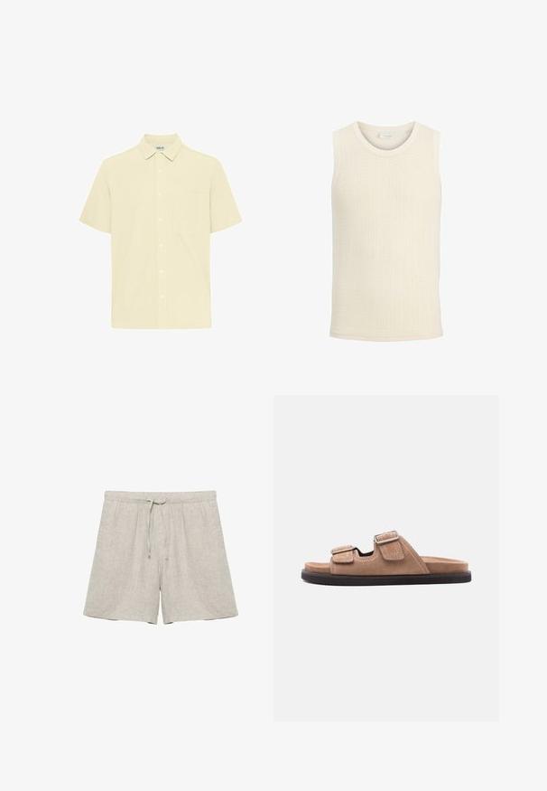 Gilet en tricot sans manches de couleur crème avec un col rond et une texture côtelée.; Chemise à manches courtes en tissu texturé jaune clair. Elle présente un col boutonné, une poche frontale et une patte de boutonnage sur le devant.; Shorts en lin beige clair avec taille élastique et cordon de serrage, coupe droite, sans marque visible ni motifs.; Sandale à glissière en suède marron avec semelle noire, présentant deux brides ajustables avec boucles et détail de couture blanche, vue latérale sur fond blanc.