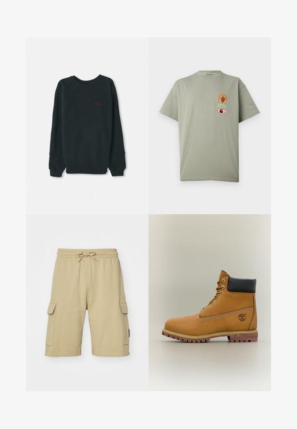 Sweatshirt noir en mélange de coton, avec un col rond côtelé, des manches longues et un petit logo Timberland rose sur la poitrine.; T-shirt gris clair à manches courtes avec trois petits patches graphiques colorés sur la poitrine gauche, comprenant des grappes de raisin et les logos Carhartt.; Shorts cargo en coton beige avec une taille élastique, un cordon de serrage et des poches latérales. Texture lisse et design arrivant au genou.; Bottine en cuir marron avec col noir, lacets jaunes et semelle beige. Présente un logo et des détails de couture blanche. Semelle extérieure à traction robuste.
