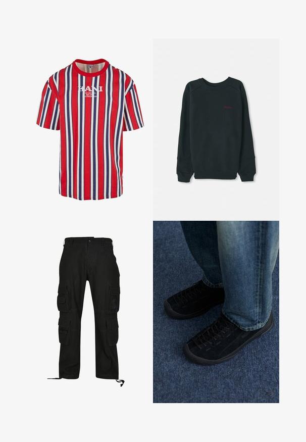 Musta collegepaita, joka on valmistettu puuvillasekoitteesta. Paitassa on ribbireunainen pyöreä kaula-aukko, pitkät hihat ja pieni vaaleanpunainen Timberland-logo rinnassa.; Punaste, sinise ja valge triibuga lühikeste varrukatega t-särk ümmarguse kaelusega. Keskel on valge KANI logo. Valmistatud puuvillast.; Mustat cargo-housut, jotka on valmistettu kestävästä kankaasta. Niissä on useita sivutaskuja, rento malli ja säädettävät nilkkahihnat.; Musta mokkanahkaiset sneakerit, joissa on teksturoitu pinta, huomaamaton nauhoitus ja kestävä kumipohja, yhdistettynä sinisiin farkkuihin.