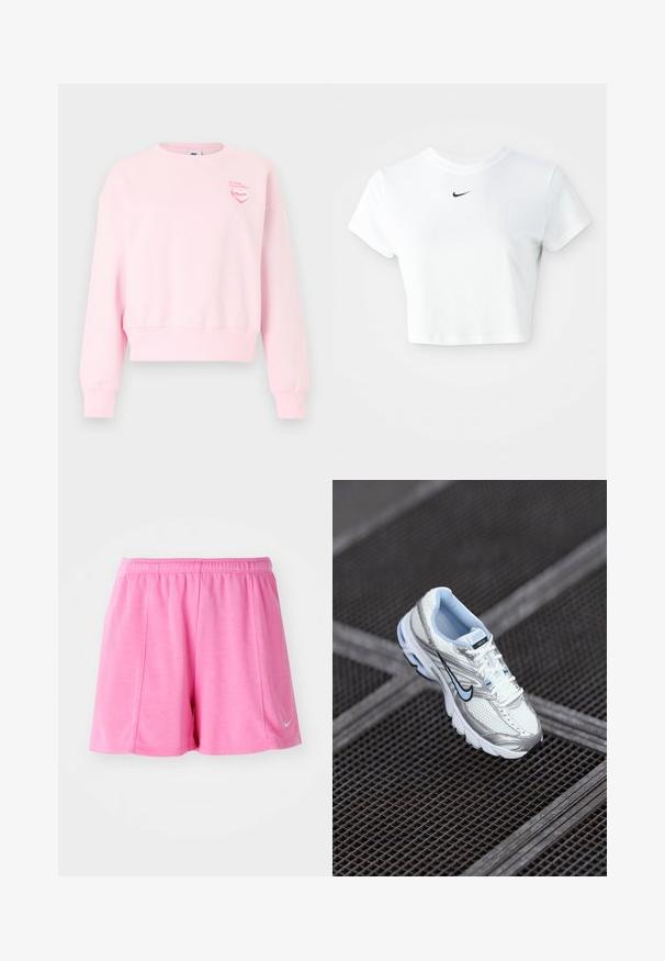 Hele-roosa nike pusa pikkade varrukatega, ümara kaelusega, soonikkoes mansettide ja äärega ning väikese roosa südamekujundiga, millel tekst vasakul rinnal.; Valge lühikeste varrukatega puuvillane lühike t-särk ümarate kaelustega, millel on rinna peal must Nike logo.; Roosa sportlikud lühikesed püksid, mis on valmistatud pehmest kangast, elastse vöökohtadega ja külgmise logo aktsendiga. Sirge jala disain siledast tekstuurist.; Valge võrkmaterjalist sportlik king, millel on hõbedased aktsendid, helesinine õmblus ja must swoosh logo. Omab pehmendustega krae ja tekstuurset tallat.