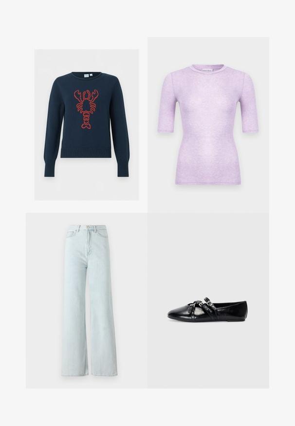 Marineblå strikket sweater med stort rødt hummertilbage centralt foran, med ribstrikkede ærmegab og kant.; Lilla kortærmet tætsiddende T-shirt med rund hals og sømfri kanter, designet til kvinders afslappede påklædning.; Lysblå vid bukser med høj talje, lavet af denimstof. Har en lukning med knap og lynlås samt forlommer.; Sorte læder balletflader med spidse tæer, to dekorative stropper med sølvspænder og en glat, blank overflade.