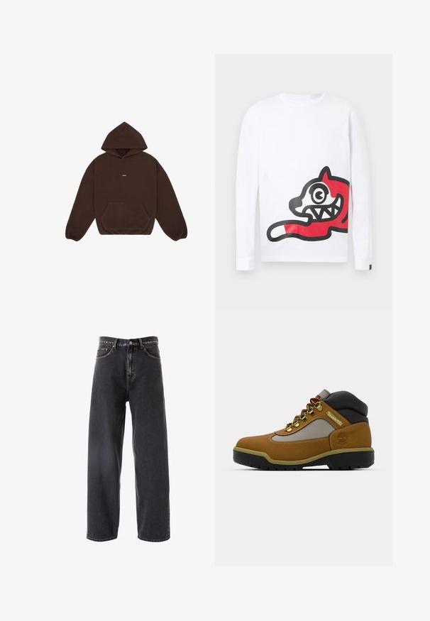 Sudadera con capucha de forro polar marrón oscuro con bolsillo tipo canguro en el frente y pequeño logo centrado en el pecho, mangas largas y puños elásticos.; Camiseta blanca de manga larga con un gran gráfico de un zorro rojo y negro en estilo caricatura en la parte inferior derecha del frente.; Pantalones vaqueros de mezclilla gris oscuro con un diseño holgado y de pierna recta, que cuentan con cinco bolsillos, costuras claras y un cierre de botón en la cintura.; Bota de senderismo marrón con acentos grises y negros, upper de cuero texturizado, ojales de metal y una suela de goma resistente para tracción.