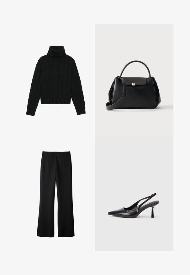 Sort strikket turtleneck sweater med ribkant og kabelstrik mønster, med lange ærmer og en struktureret krave.; Sorte brede bukser lavet af et glat stof, med et enkelt design, forknydder og en skræddersyet finish uden synligt hardware.; Sort læderslagback højhælet sko med spids tå og slank hæl på en hvid baggrund.; Sort læderhåndtaske med top håndtag, frontklap med guldfarvet lås og justerbar skulderrem på ensfarvet baggrund.